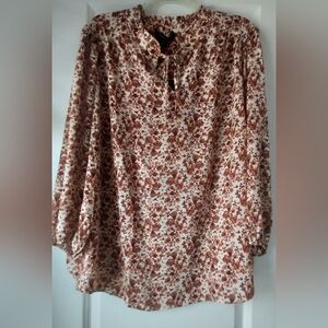 Cynthia Rowley 2X Plus Brown Floral Flowy Tie Ruffle Neck Blouse Balloon Sleeve